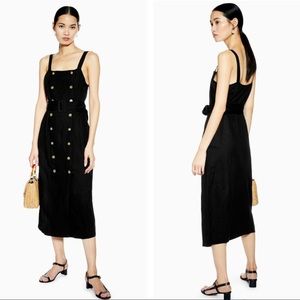 Topshop Belted Pinafore Linen Blend Midi Dress